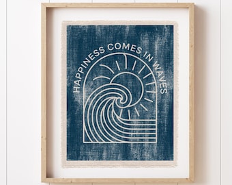 Beach Wall Art, Happiness Comes In Waves Canvas Poster, Surf Tapestry Flag, Coastal Wall Decor Banner