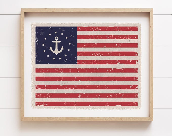 Coastal Summer Wall Art, American Flag with Anchor, Nautical Canvas Tapestry Flag, Lake House Poster Print, 4th of July Decor