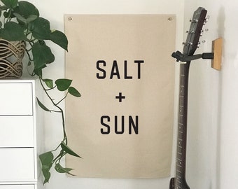 Salt And Sun Wall Flag Tapestry, Boho Beach Wall Decor, Large Canvas Banner, Coastal Home Decor for Summer