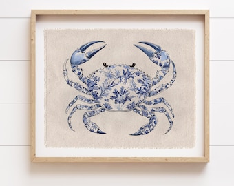 Beach Wall Art, Chinoiserie Toile Crab Canvas Poster, Coastal Wall Decor Banner, Summer Tapestry Flag