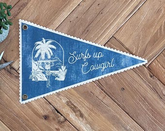 Coastal Cowgirl Pennant, Surf Wall Art, Canvas Beach Tapestry Flag, Summer Wall Decor Banner