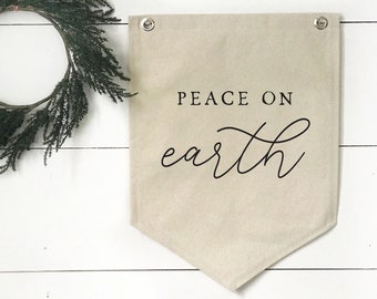 Christmas Wall Decor, Peace On Earth Pennant Flag, Hanging Fabric Canvas Sign, Holiday Wall Art Banner, Gallery Wall