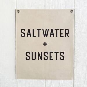 Beach Wall Art, Saltwater and Sunsets Canvas Tapestry, Hanging Surf Banner Flag, Coastal Lake Wall Decor Poster