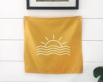 Sun And Waves Fabric Banner, Boho Tapestry Wall Flag, Beach Decor, Summer Wall Art Banner, Home Office Decor