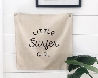 Little Surfer Girl Wall Flag Tapestry, Girls Room Nursery Beach Wall Decor, Linen Banner, Coastal Home Decor for Summer