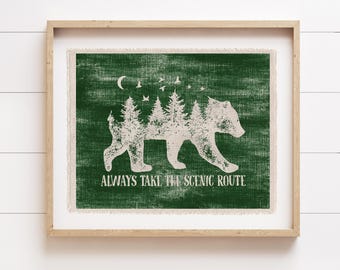 Canvas Wall Art Scenic Route Bear Flag, Camping Wall Decor, Hiking Pennant Banner, Woodland Nursery Decor, Boys Bedroom Decor