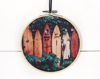 Surfboard Wall Art, Beach Print, Canvas Wall Hanging, Embroidery Hoop Wall Decor, Coastal Beach House, Nautical Nursery