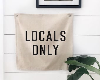 Locals Only Wall Flag Tapestry, Boho Beach Wall Decor, Linen Banner, Coastal Home Decor for Summer