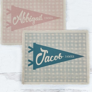 Personalized Nursery Pennant Wall Art, Custom Name Canvas Banner Print, Gingham Wall Decor Flag, Kids Room Decor