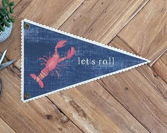 Coastal Wall Art, Lobster Roll Pennant, Canvas Beach Tapestry Flag, Summer Wall Decor Banner