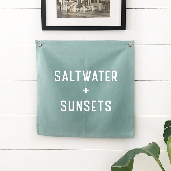 Saltwater and Sunsets Wall Flag Tapestry, Beach Wall Decor Over The Bed , Nautical Nursery Art Linen Banner, Coastal Home Decor