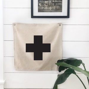 Swiss Cross Wall Flag Tapestry, Boho Nursery Wall Art, Linen Banner, Neutral Wall Decor, Scandi Home Decor