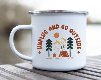 Unplug And Go Outside Camp Mug, Camping Coffee Mugs, Small Enamel Campfire Mug for Travel, Outdoor Camping Gift, Coffee Mugs for Him