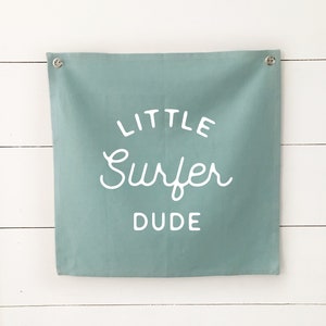 Little Surfer Dude Wall Flag Tapestry, Boys Room Nursery Beach Wall Decor, Linen Banner, Coastal Home Decor for Summer