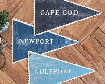 Custom Town Pennant, Personalized Wall Art, Canvas Beach Tapestry Flag, Coastal Wall Decor Banner