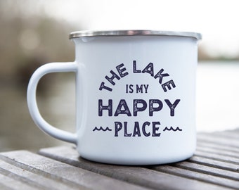 Enamel Camp Mug, The Lake Is My Happy Place Camping Coffee Cup, Lake House Gift
