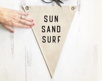 Sun Sand Surf Pennant Flag, Beach Wall Art, Hanging Canvas Banner, Coastal Home Decor for Summer