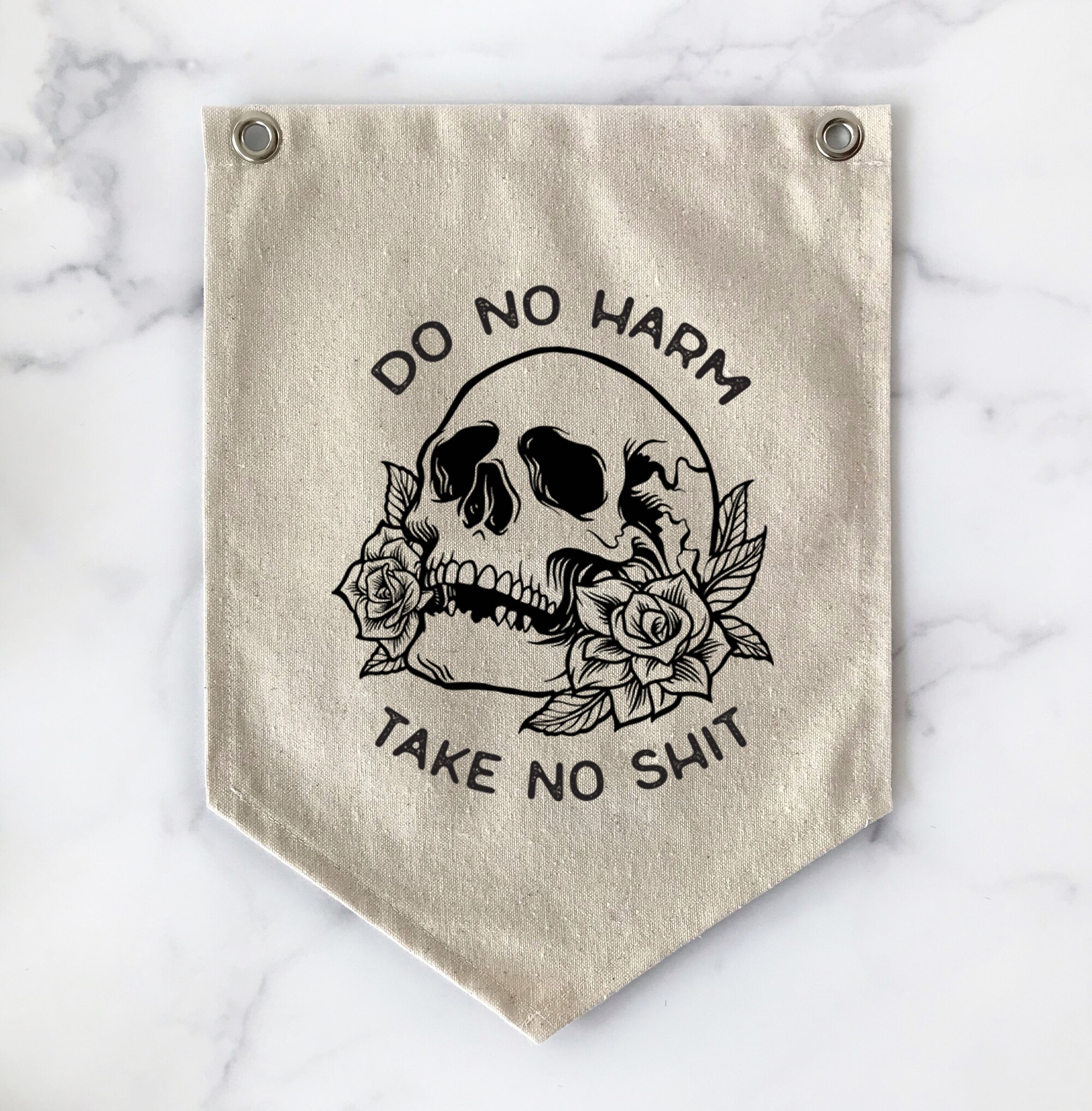 Pennant Flag Home Office Wall Decor, Do No Harm Take No Shit Floral Skull Wall Art, Canvas Banner