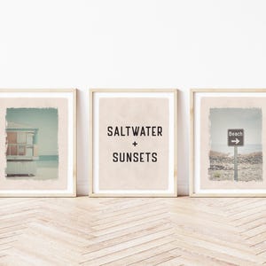 Beach Gallery Wall Art Set of 3 Canvas Prints, Saltwater and Sunsets Canvas Poster, Surf Tapestry Flag, Coastal Wall Decor Banner