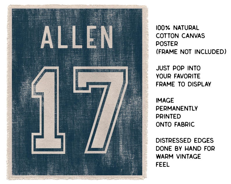 May include: A navy blue cotton canvas poster with the name "ALLEN" and the number "17" in white. The poster has distressed edges and includes the text "100% NATURAL COTTON CANVAS POSTER (FRAME NOT INCLUDED)".