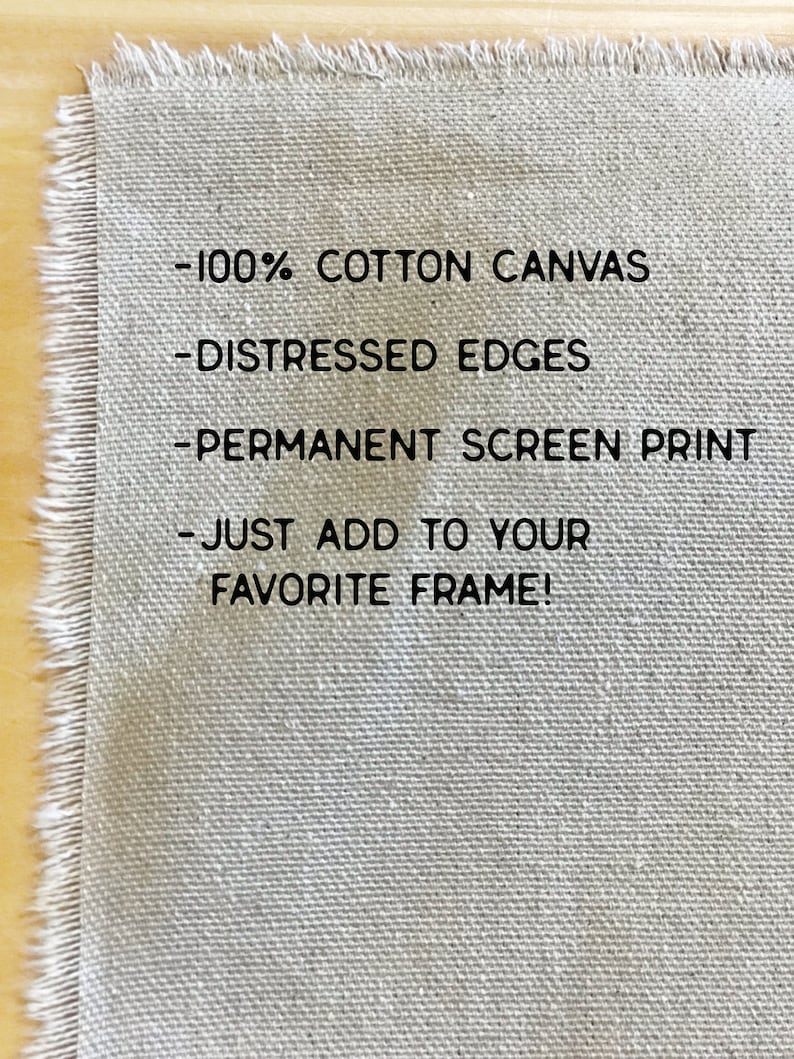 May include: A close-up of a white canvas with frayed edges. The text on the canvas reads: -100% COTTON CANVAS -DISTRESSED EDGES -PERMANENT SCREEN PRINT -JUST ADD TO YOUR FAVORITE FRAME!