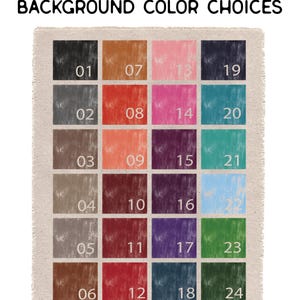 May include: A color chart with 24 background color choices, each in a numbered square. The chart is framed by a beige, textured border. The text "BACKGROUND COLOR CHOICES" is at the top.