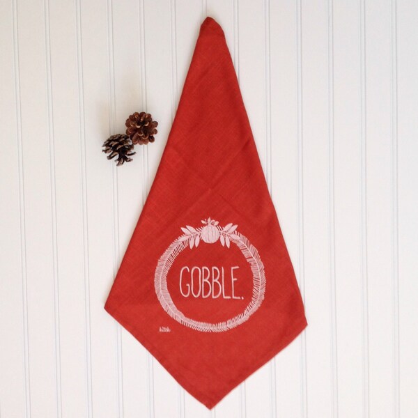 Tea Towel - Thanksgiving Gobble Wreath Pumpkin Harvest Rust Orange Screen Printed Home Kitchen Holiday Decor