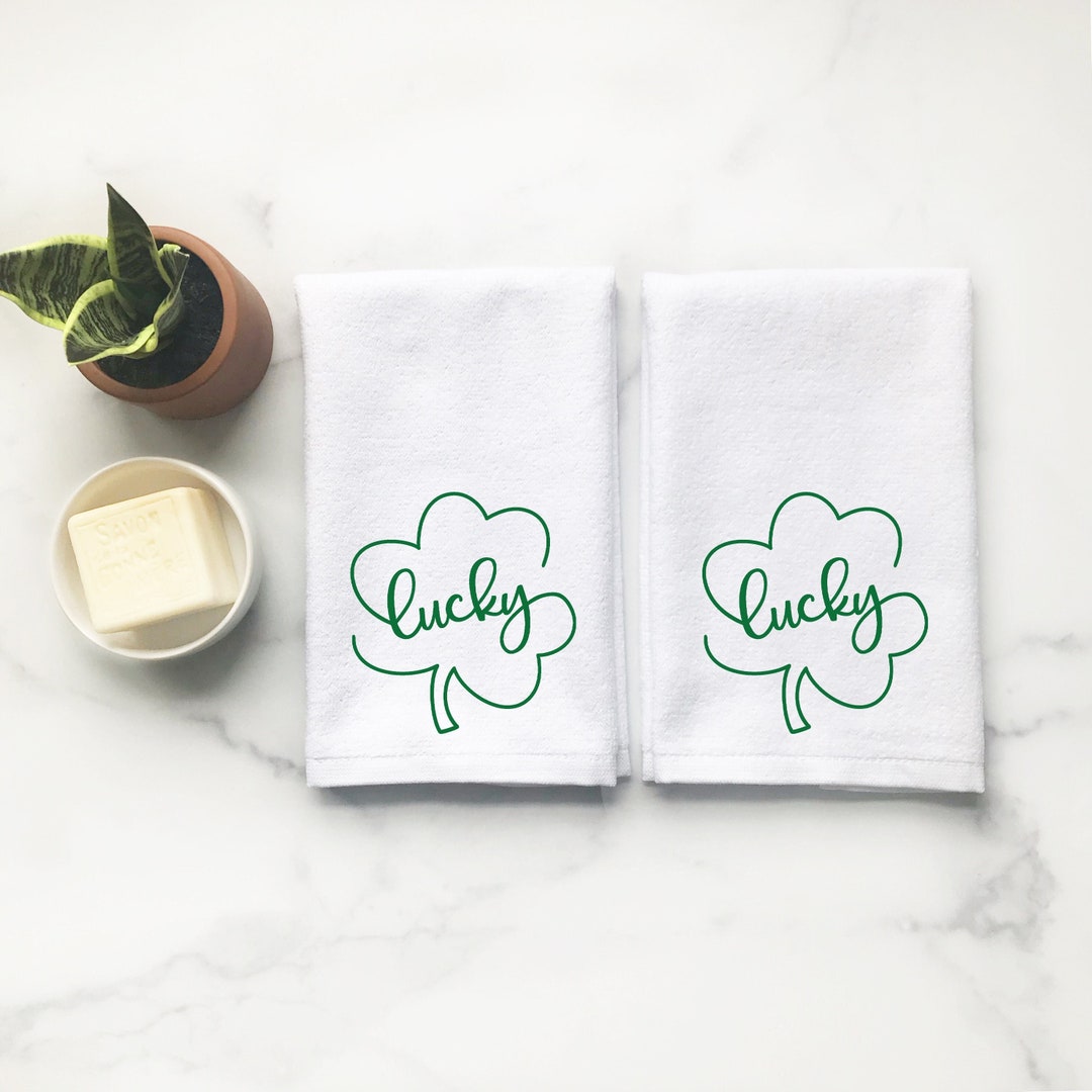 St Patricks Day Hand Towel Set, Irish Bathroom Decor, Lucky Clover