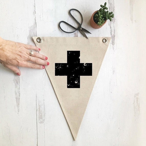Swiss Cross Vintage Pennant Flag Wall Decor, Neutral Nursery Scandinavian Boho Hanging Canvas Banner, Swiss Cross Flag, Kids Room Sign