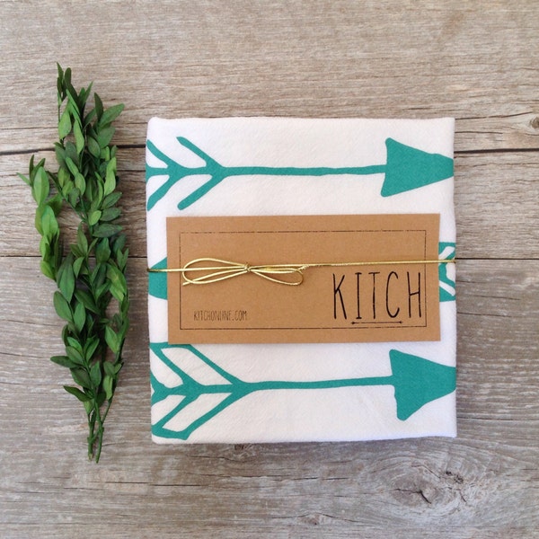 Tea Towel - Aqua Teal Mint Arrows Flour Sack Kitchen Towel Screen Printed Cotton Dish Cloth Kitsch Katniss Kitchen Home Decor Rustic Kitchen