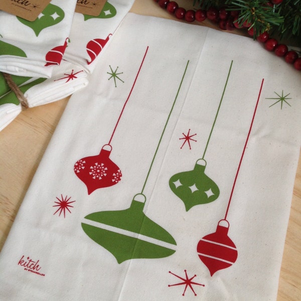 Christmas Tea Towel Retro Ornaments Holiday Flour Sack Dish Cloth Red and Green Kitch Kitsch