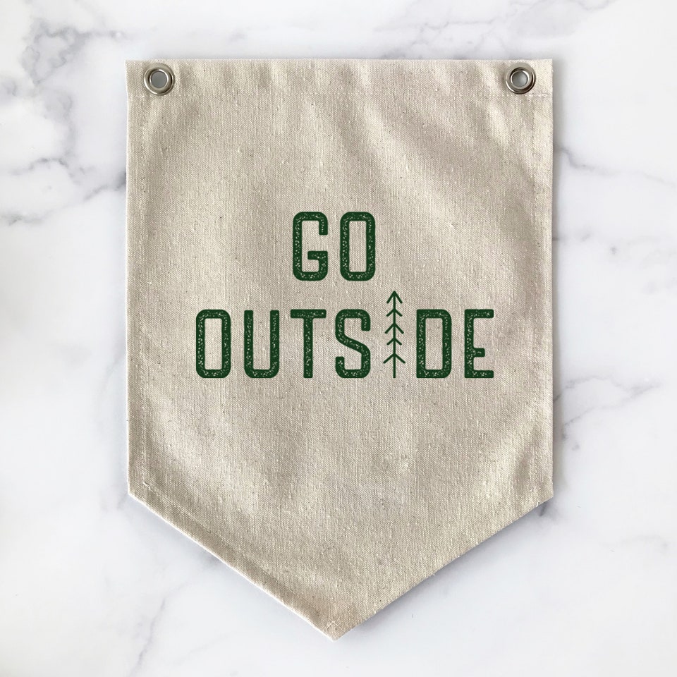 Go Outside Hanging Canvas Sign, Pennant Flag Camping Wall Decor, Kids Room Art Banner, Cabin Camper Decor