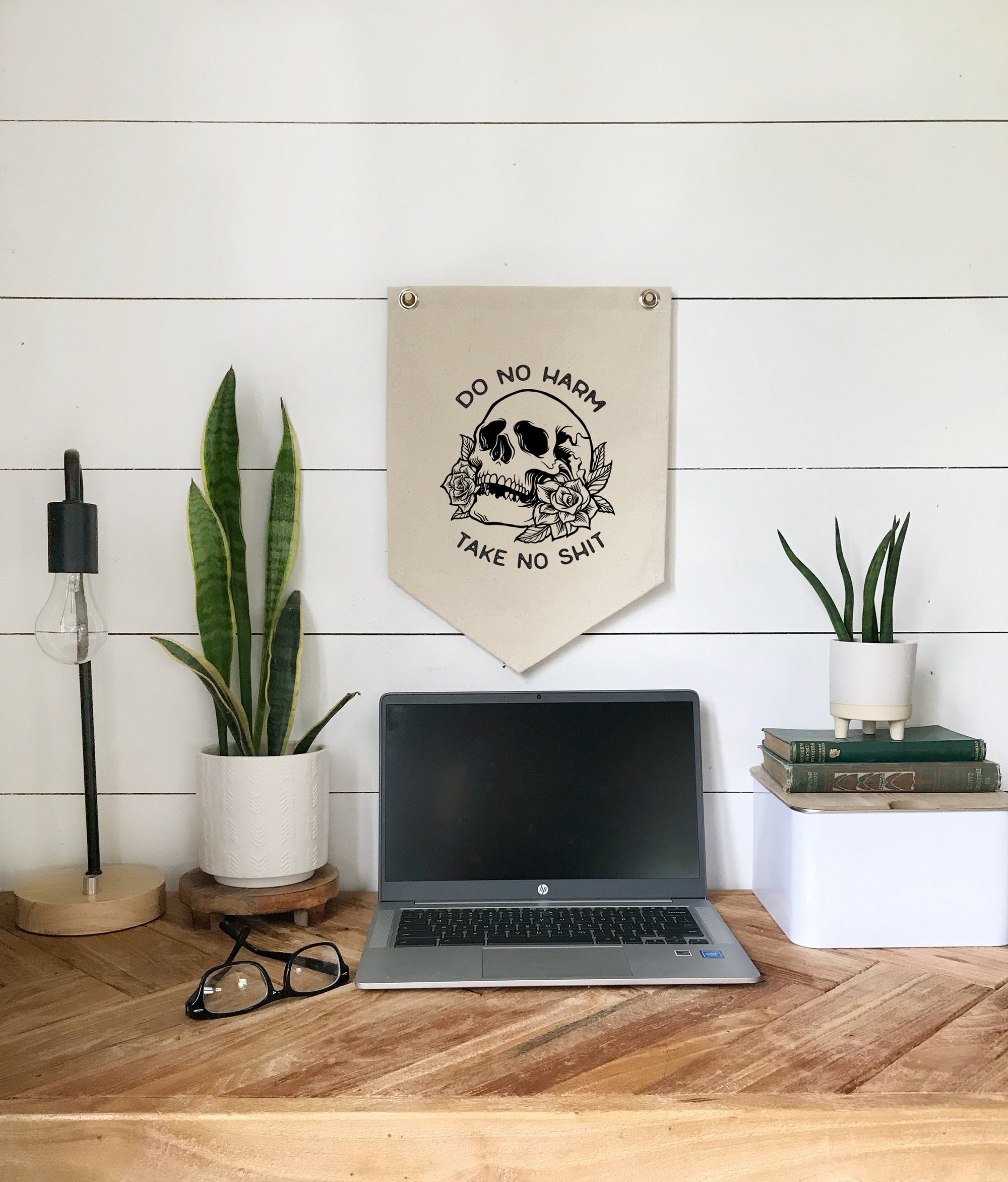 Pennant Flag Home Office Wall Decor, Do No Harm Take No Shit Floral Skull Wall Art, Canvas Banner