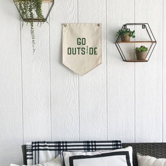 Go Outside Hanging Canvas Sign, Pennant Flag Camping Wall Decor, Kids Room Art Banner, Cabin Camper Decor