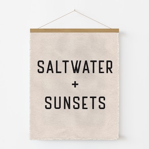Beach Wall Art, Saltwater and Sunsets Canvas Poster Hanging, Surf Tapestry Flag, Coastal Wall Decor Banner