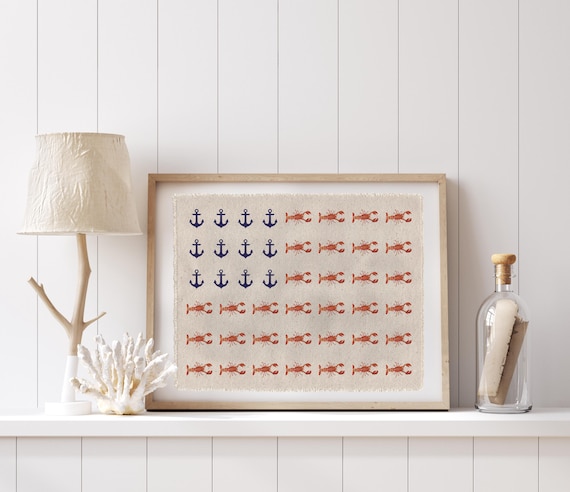 Beach Wall Art, Coastal Vintage Flag Canvas Poster, East Coast Lobster Tapestry, Summer Wall Art