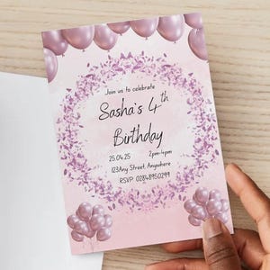 Invitation d'anniversaire rose | Invitation numérique à une fête entre filles avec ballons et aquarelle | Carte d'anniversaire florale modifiable