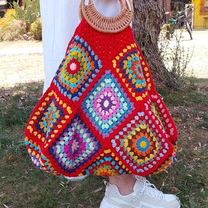 Handmade Crochet Granny Square Bag | Lined | Boho Summer Bag with Bamboo Handles