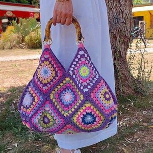 Handmade Crochet Bag | Lined Purple Granny Square Tote | Boho Bag with Bamboo Handle