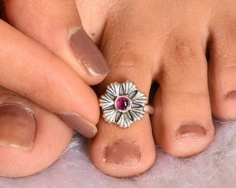 Oxidized Sterling Silver Floral Toe Ring: Red Gemstone, Adjustable, Halloween Gift