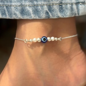 Evil Eye Anklet for Her, Dainty Sterling Silver Anklet, Pearl Ankle Bracelet, Minimalist Cute Jewelry, Anklet for Women, Wedding Gift