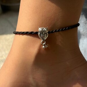 Sterling Silver Owl Charm Anklet, Bird Wisdom Charm, Black Macrame Ankle Bracelet, Tribal Anklet, Handmade Cute Jewelry, Gift for Halloween