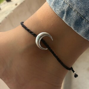 Sterling Silver Moon Anklet: Black Macrame Cord, Boho Lunar Jewelry