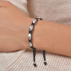 Macrame Bracelet: Black Cord with Silver Beads, Adjustable Unisex Jewelry