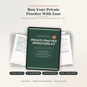 Peut inclure: Un système numérique pour cabinet privé présentant une tablette vert foncé avec le texte Private Practice Operations Kit, entouré de pages de documents blancs, avec des étiquettes pour un manuel de 90 pages, des formulaires et un suivi de cas.