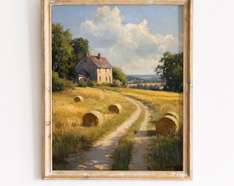 Golden Hayfield Landscape, Summer Farm Road Printable Wall Art (Digital Download) 410