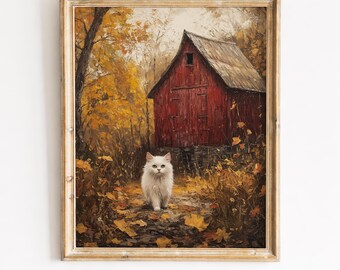 Fluffy White Cat Painting, Rustic Autumn Farmhouse Printable Wall Art (Digital Download) 423