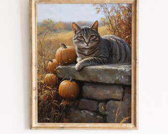 Vintage Gray Tabby Cat, Autumn Pumpkins Farmhouse Wall Art (Digital Download) 424