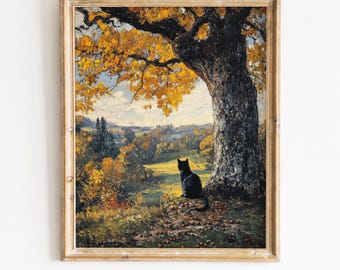 Black Cat Beneath Ancient Oak, Autumn Countryside Printable Wall Art (Digital Download) 428