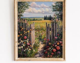 Wildflower Garden Gate, Cottage Path Landscape Printable Wall Art (Digital Download) 402